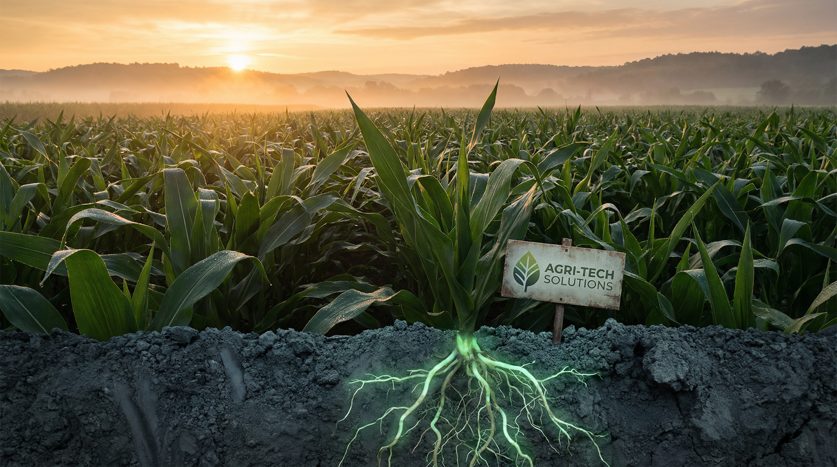 Lush corn field at sunrise